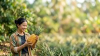 Smiling Asian woman farmer holding fresh pineapple in agricultural field during harvest season, suitable for farming, agriculture, and food production content.