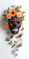 Black sugar skull decorated with orange and mint paper flowers, traditional Mexican folk art style on white background. Dia de los Muertos celebration piece.
