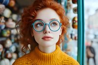 Young redhead woman with blue round glasses and yellow sweater looking at camera with gentle expression against blurred background. Natural beauty portrait.