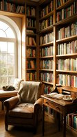 Cozy home library corner with floor-to-ceiling wooden bookshelves, leather armchair, and arched window creating warm reading nook for literature lovers.