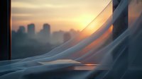 Flowing white curtain catching golden sunset light against city skyline silhouette, creating soft waves and folds with warm evening glow through window.