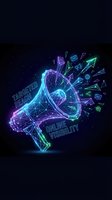 Neon digital megaphone with glowing network connections and marketing icons on dark background for advertising campaigns and social media promotion.