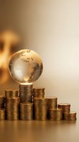 Golden globe on stacked coins representing global finance, international investment, world economy and wealth growth with warm lighting.