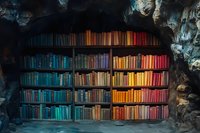 Colorful bookshelf arranged by spectrum colors inside natural cave formation, creating surreal contrast between literature and raw geology.
