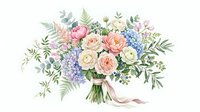 Watercolor wedding bouquet with pink roses, white flowers and eucalyptus leaves isolated on white background for bridal design and romantic decorations.