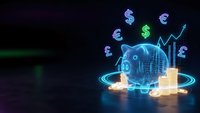 Digital piggy bank hologram with currency symbols and growth arrow representing financial technology savings and investment planning.
