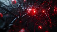 Glowing red spheres on dark branches create mysterious atmosphere with dramatic lighting and selective focus, suggesting neural networks or magical forest scene.