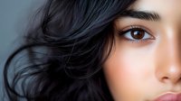 Close up portrait of young woman with dark flowing hair, brown eyes and natural makeup against blurred background. Soft lighting enhances facial features and skin texture.