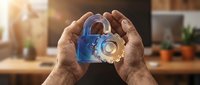Hands protecting digital padlock with gear mechanism symbolizing cybersecurity data protection and secure technology solutions for business safety.