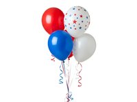 Four colorful balloons in red, blue, white, and star-patterned design with curled ribbons isolated on white background, suitable for party decorations, celebrations, and festive event graphics.