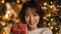 Young Asian woman smiling while holding Christmas gift, wearing white sweater against festive bokeh lights and decorated tree background.