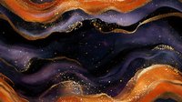 Abstract cosmic background with flowing orange and purple waves, golden glitter accents on dark space pattern creates luxurious marble effect for modern wall art and design projects.