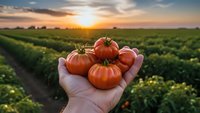 Fresh ripe tomatoes in farmer hands at sunset over agricultural field. Organic vegetable harvest concept for healthy eating and sustainable farming.