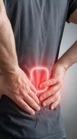 Man holding lower back with glowing red pain area highlighting lumbar spine discomfort and chronic backache symptoms for medical healthcare concepts.