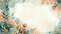 Watercolor floral frame with ornamental leaves and blooms in warm terracotta and cool teal tones, isolated on cream background for design projects.
