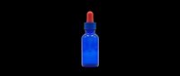Blue glass dropper bottle with red rubber top, isolated on transparent background, ready for stickers, t-shirt design, print on demand, and clipart use.