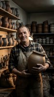 Senior Caucasian male potter craftsman holding handmade ceramic pot in traditional pottery workshop studio surrounded by clay vessels on wooden shelves.