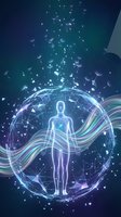 Glowing human silhouette surrounded by energy waves and floating particles in cosmic space for meditation and spiritual wellness concepts.