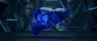 Blue crystalline liver organ with geometric faceted surface on dark technological background for medical education and healthcare concepts.