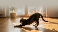 Tabby cat stretching on wooden floor in sunlit living room with potted plant and windows in background, suitable for pet, home decor and lifestyle content.