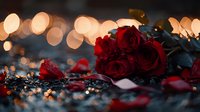 Red roses lying on reflective surface with romantic bokeh lights in background, scattered petals create dreamy atmosphere for Valentine's Day or anniversary celebrations.