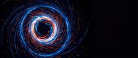 Abstract spiral energy vortex with glowing blue and red light trails creating cosmic tunnel effect on black background for digital art and sci-fi designs.