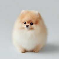 Fluffy Pomeranian puppy with cream-colored fur and expressive eyes poses against neutral gray background, showcasing its adorable compact appearance.