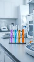 Colorful test tubes with chemical solutions in laboratory rack on modern lab bench with scientific equipment and computer monitor in background.