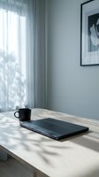 Minimalist workspace with closed laptop and coffee mug on wooden desk near window with natural light and framed artwork on wall for remote work concepts.