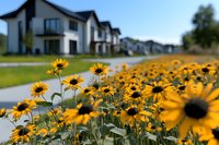 Yellow black-eyed susan flowers blooming along suburban sidewalk with modern townhouses in background, creating cheerful summer neighborhood scene.