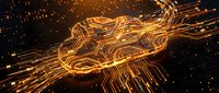 Glowing golden digital lion head with flowing mane made of light trails and circuit patterns, isolated on dark background for tech and innovation designs.