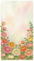 Watercolor floral border with colorful ranunculus blooms in pink, peach, yellow and cream on soft pastel background with copy space.
