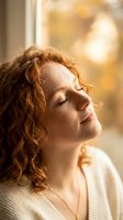 Peaceful young woman with curly red hair enjoying warm sunlight through window, eyes closed in serene moment of relaxation and mindfulness at home.