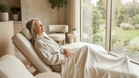 Senior woman relaxing in comfortable armchair by large window in modern living room with natural light and garden view, wellness and home comfort concept.