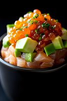 Fresh salmon poke bowl with diced avocado, red caviar, and chives served in black ceramic bowl on dark background, macro food photography.