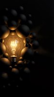 Glowing vintage filament bulb surrounded by black and gold spheres on dark background, representing innovation, creativity, and unique ideas for business concepts.