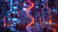Glowing DNA helix structure in laboratory with glass flasks and test tubes against blurred blue and orange bokeh background for scientific research.