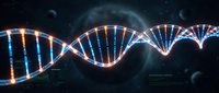 Digital DNA helix with glowing blue and orange strands on dark background, representing genetic research, biotechnology, molecular science, and medical innovation for healthcare and laboratory applications.