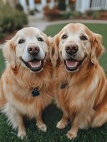 Two smiling Golden Retriever dogs sitting together on green lawn, wearing collars with tags, showing friendly expressions and identical happy poses.