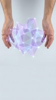 Male hands protecting purple geometric network structure representing digital technology innovation and data security concepts.