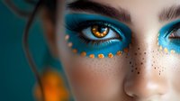 Dramatic eye makeup in turquoise blue with gold dots beneath eyes and freckles on face. Close-up beauty portrait against teal background showcases creative cosmetic artistry.
