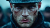 Close up portrait of young Caucasian male soldier with intense gaze and blood stains on face wearing military cap against blurred dark background in cinematic style.
