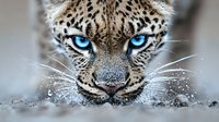 Stunning leopard portrait with piercing blue eyes and spotted fur pattern resting on sandy ground. Wild cat face close-up for wildlife photography projects.