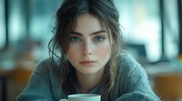 Young woman with striking blue eyes in cozy gray sweater gazing thoughtfully while holding coffee cup in modern cafe setting.