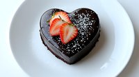 Heart-shaped chocolate cake topped with fresh sliced strawberries and powdered sugar on white plate, romantic dessert for Valentine's Day celebration.