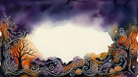 Watercolor autumn frame with ornate swirls and fall foliage in purple orange tones, blank center space for text or design elements on textured paper background.