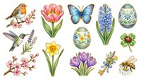 Watercolor botanical and wildlife collection featuring robin, hummingbird, tulip, daffodil, butterfly, hyacinth, crocus, decorated eggs, cherry blossoms, and bee. Spring nature illustrations for greeting cards, stationery, and seasonal designs.