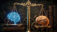 Gold justice scales balancing a glowing circuit brain against a human brain, symbolizing AI versus human intelligence comparison.