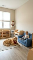 Cozy nursery interior with golden retriever dog and toddler boy playing together on blue armchair, wooden toys and natural lighting create warm family space.