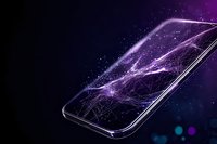 Modern smartphone with glowing purple network connections and particle effects floating above screen against dark background with bokeh lights.